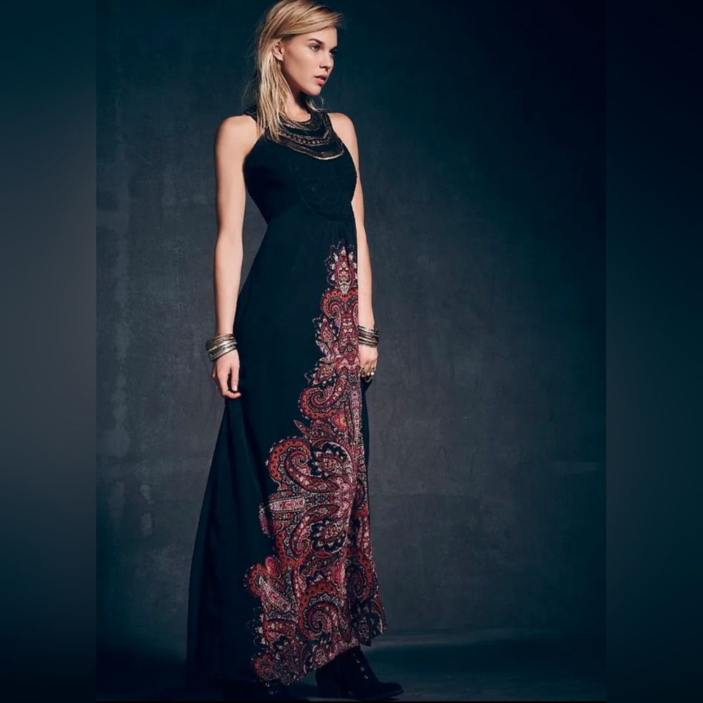 Free People Demeter Gold Bib Beaded Chest Floral Black Halter Neck Maxi Dress 2